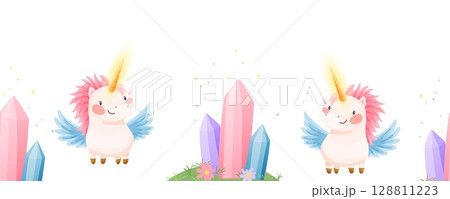 Seamless border with pink unicorns and colorful crystals Seamless border with pink unicorns and colorful crystals 128811223