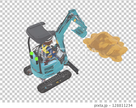 A worker performing ICT construction using a backhoe of ICT construction machinery at a construction site 128811234