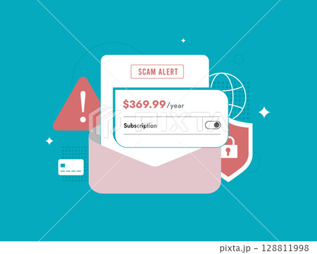 Subscription renewal scam warns users via fake payment reminders to steal credentials. Subscription renewal scam fraud in billing notifications sent through deceptive email channels illustration 128811998