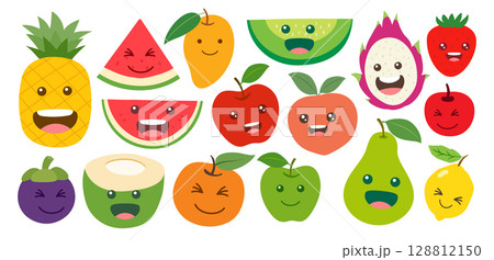 Cute summer fruits kawaii face smile illustration. Collection of different tropical fun fruits. 128812150