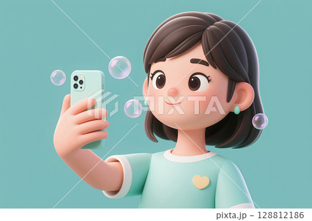 A young girl holding a mobile phone to take a selfie and scrolling through her WeChat Moments, illustrated with 3D design 128812186