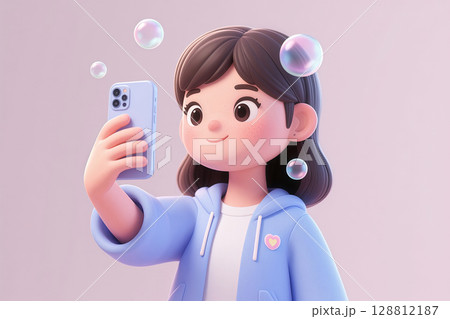 A young girl holding a mobile phone to take a selfie and scrolling through her WeChat Moments, illustrated with 3D design 128812187