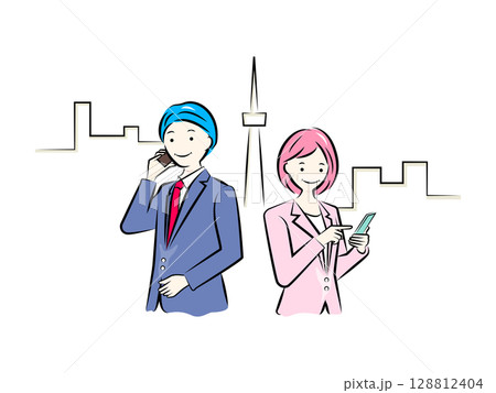 スマートフォンで操作・電話をする男女のビジネスパーソン｜ビジネスイラストシリーズ 128812404