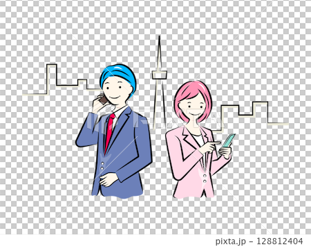 スマートフォンで操作・電話をする男女のビジネスパーソン｜ビジネスイラストシリーズ 128812404