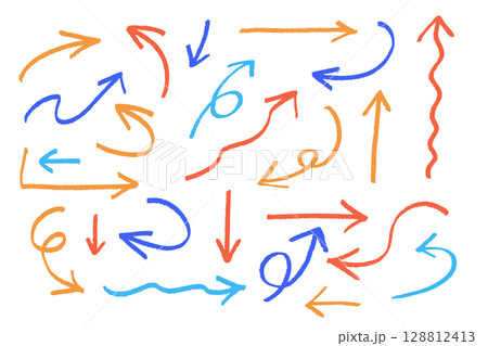 手書き風カラフル矢印セット｜方向を示すスケッチ風イラスト素材・色付きバリエーション 128812413