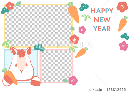 かわいい白馬が窓から顔を出しているカラフルな午年フォト(文字なし)　白背景 128812426