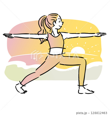 ヨガのポーズをする女性 シンプルイラスト 背景 朝日・夕陽 浜辺 ヨガのポーズをする女性 シンプルイラスト 背景 朝日・夕陽 浜辺 128812463