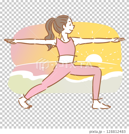 Woman doing yoga pose Simple illustration Background Sunrise/sunset Beach 128812483