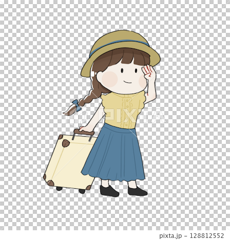 キャリーバッグを持って歩く女性のイラスト 128812552