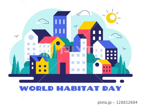 World Habitat Day Vector Illustration Featuring a Clean City, Natural Trees, and Urban Areas Representing Adequate Housing in a Flat Background 128812684