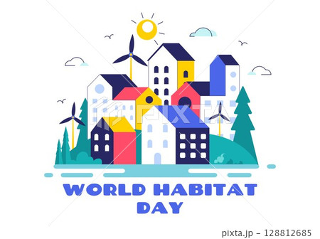 World Habitat Day Vector Illustration Featuring a Clean City, Natural Trees, and Urban Areas Representing Adequate Housing in a Flat Background 128812685
