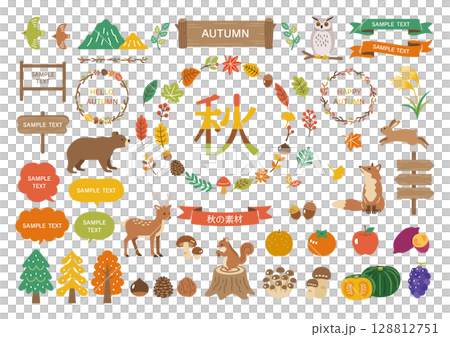 秋天的落葉和森林動物插圖集 秋天的落葉和森林動物插圖集 128812751