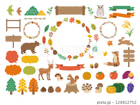 秋の紅葉と動物のイラスト素材セット 秋の紅葉と動物のイラスト素材セット 128812752