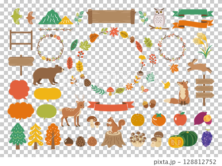 秋の紅葉と動物のイラスト素材セット 秋の紅葉と動物のイラスト素材セット 128812752