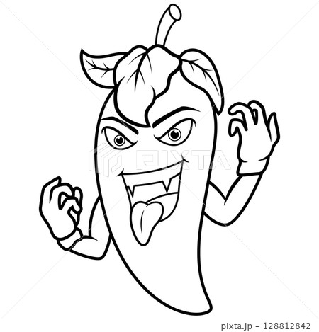 Cartoon angry chili pepper with tongue out line art 128812842