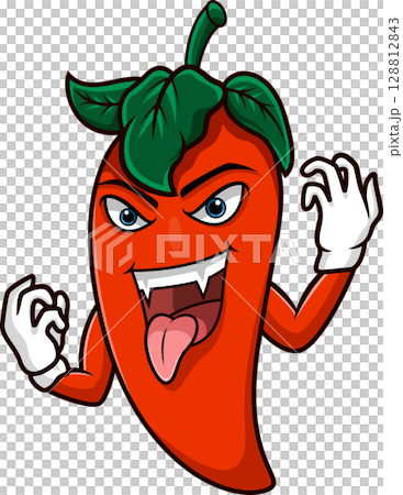 Cartoon angry chili pepper with tongue out on white background 128812843