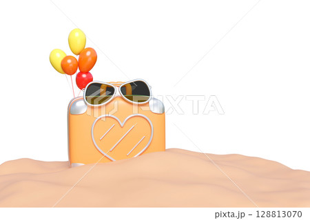 A 3D render of an orange suitcase with sunglasses and colorful balloons half-buried in sand isolated. Represents travel, vacation, summer holidays, and beach trips. Minimalist and cheerful. 128813070