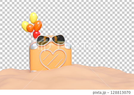 A 3D render of an orange suitcase with sunglasses and colorful balloons half-buried in sand isolated. Represents travel, vacation, summer holidays, and beach trips. Minimalist and cheerful. 128813070