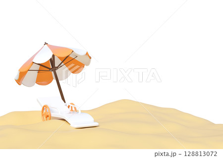 3D rendering of a beach scene with a striped orange and white beach umbrella and a white lounge chair on golden sand. Isolated, perfect for summer vacation and holiday concepts. 128813072
