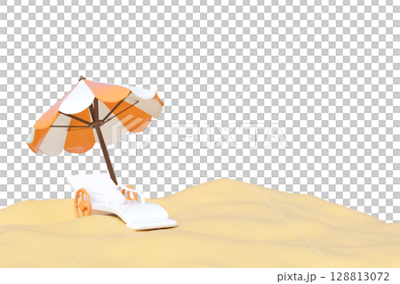 3D rendering of a beach scene with a striped orange and white beach umbrella and a white lounge chair on golden sand. Isolated, perfect for summer vacation and holiday concepts. 128813072