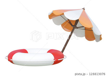 A stylized 3D render of a vibrant red, white life buoy with an orange, white beach umbrella isolated. Ideal for summer vacation, safety, and leisure concepts. 128813076