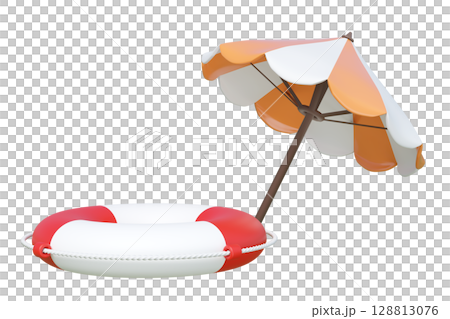 A stylized 3D render of a vibrant red, white life buoy with an orange, white beach umbrella isolated. Ideal for summer vacation, safety, and leisure concepts. 128813076