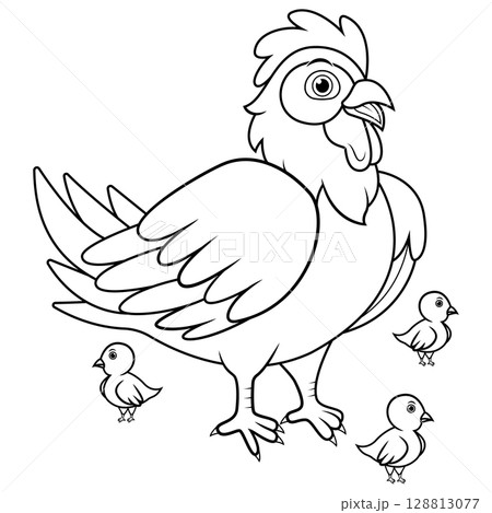 Cartoon hen with her baby chicks line art Cartoon hen with her baby chicks line art 128813077