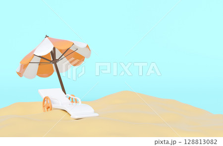 3D render of a striped beach umbrella and a white lounge chair on sandy dunes under a clear blue sky. Ideal for summer, vacation, and travel concepts with copy space. Minimalist and cheerful. 3D render of a striped beach umbrella and a white lounge chair on sandy dunes under a clear blue sky. Ideal for summer, vacation, and travel concepts with copy space. Minimalist and cheerful. 128813082