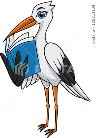 Cartoon white stork reading book Cartoon white stork reading book 128813134