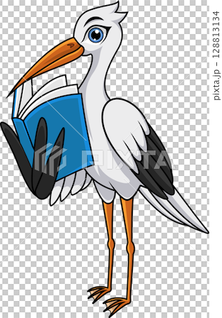 Cartoon white stork reading book Cartoon white stork reading book 128813134