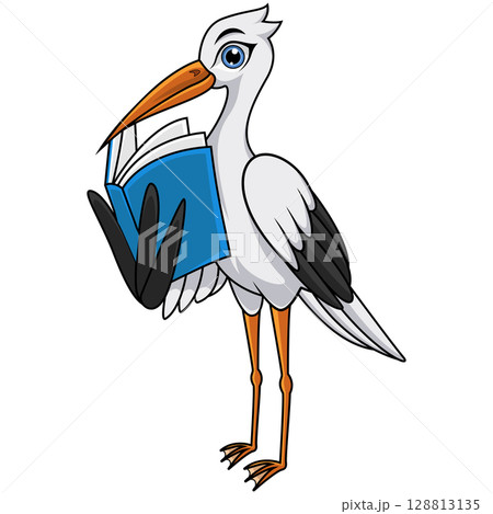 Cartoon white stork reading book Cartoon white stork reading book 128813135