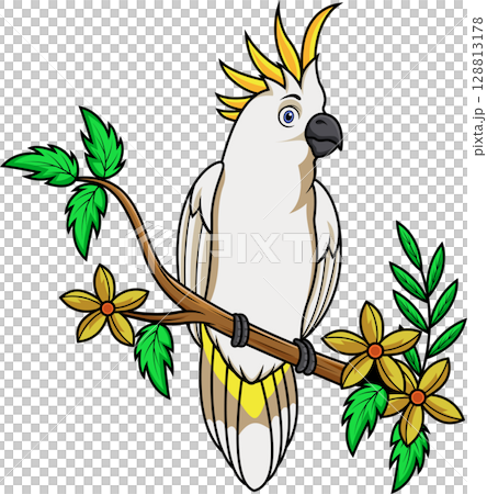 Cartoon cockatoo bird sitting on a tree branch 128813178