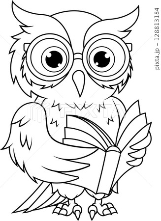 Cartoon owl bird wearing glasses reading a book line art Cartoon owl bird wearing glasses reading a book line art 128813184