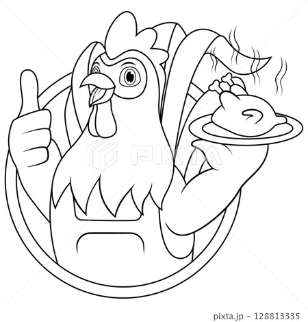 Cartoon chicken chef carrying grilled chicken line art Cartoon chicken chef carrying grilled chicken line art 128813335