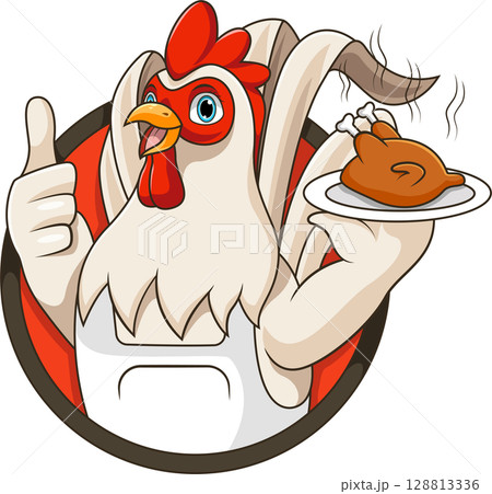 Cartoon chicken chef carrying grilled chicken 128813336