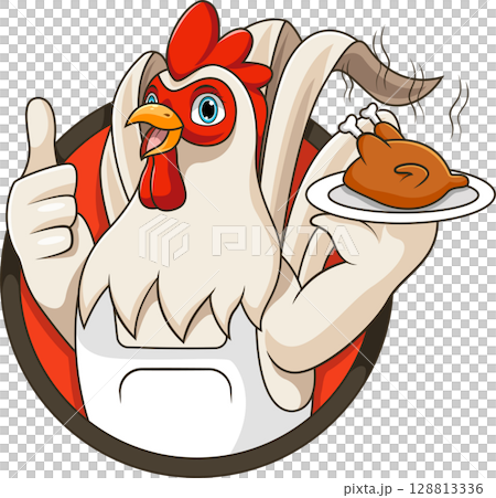 Cartoon chicken chef carrying grilled chicken 128813336