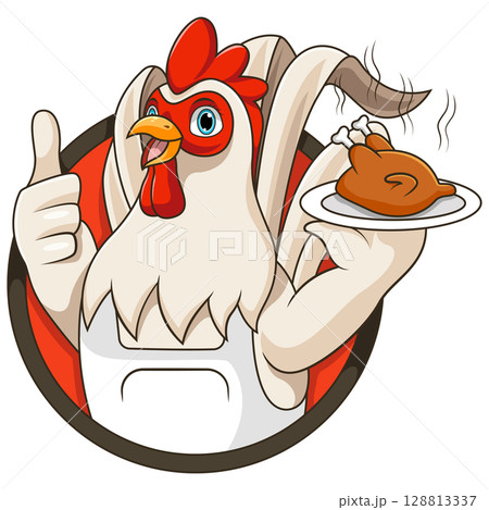 Cartoon chicken chef carrying grilled chicken Cartoon chicken chef carrying grilled chicken 128813337