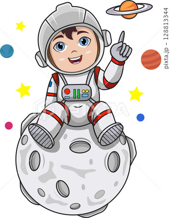 Cartoon young astronaut sitting on the moon Cartoon young astronaut sitting on the moon 128813344