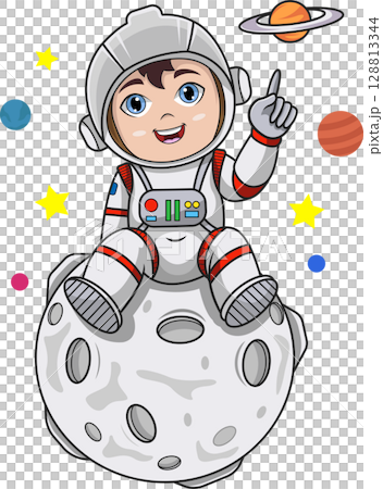 Cartoon young astronaut sitting on the moon 128813344