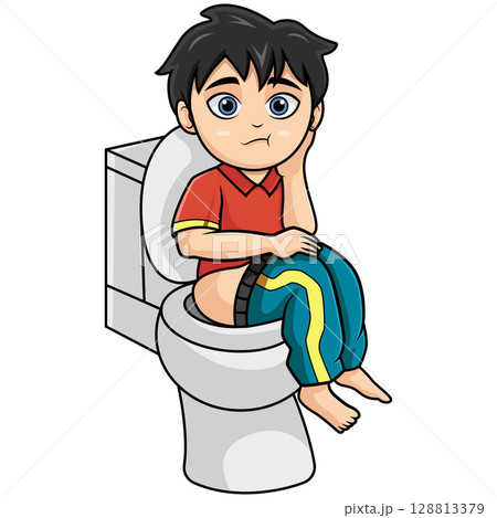 Cartoon little boy sitting on a toilet bowl Cartoon little boy sitting on a toilet bowl 128813379