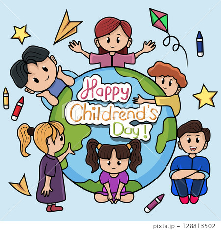 Happy Children's day poster with happy kids around the world 128813502