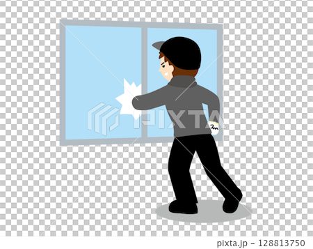 窓を破って入ろうとする泥棒のイラスト 128813750