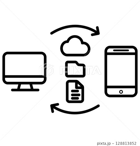 Data synchronization icon. Data transfer related sign. Black and white data sync icon between mobile and PC symbol. Minimalist cloud file synchronization logo. flat style. 128813852