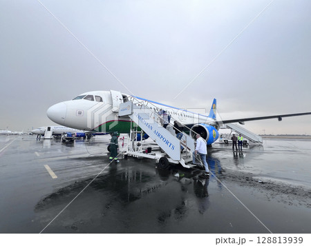 The passenger is onboard the Uzbekistan Airways airplane The passenger is onboard the Uzbekistan Airways airplane 128813939