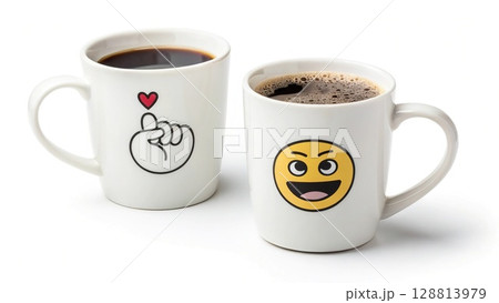 Emoji coffee mugs: cheerful morning brew. Fun, inviting, daily routine. Perfect for blogs and social media. 128813979