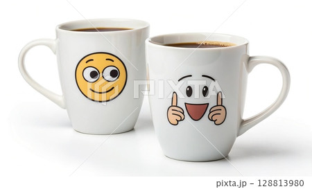 Emoji coffee mugs: cheerful morning brew. Fun, inviting, daily routine. Perfect for blogs and social media. 128813980