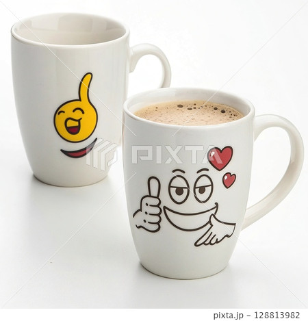 Emoji coffee mugs: cheerful morning brew. Fun, inviting, daily routine. Perfect for blogs and social media. 128813982
