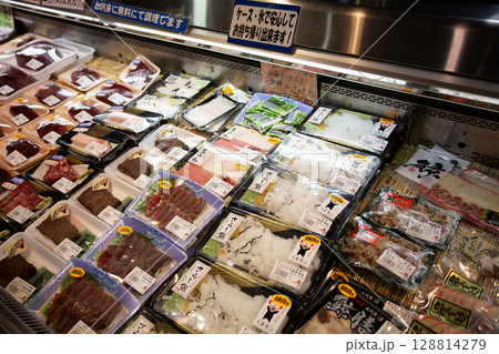 whale meats are on sale in Tore Tore market, wakayama, Japan whale meats are on sale in Tore Tore market, wakayama, Japan 128814279