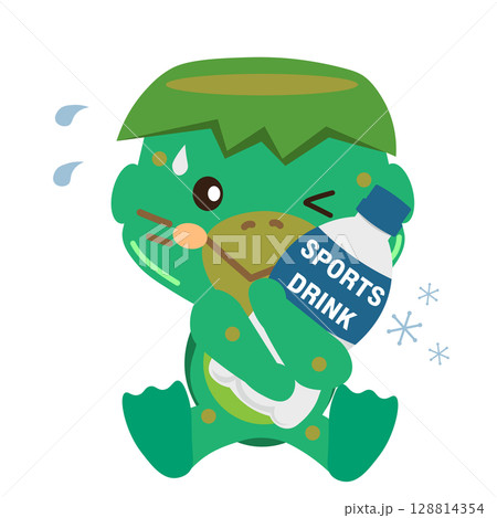 汗をかいたカッパがスポーツドリンクで体を冷やすイラスト 128814354