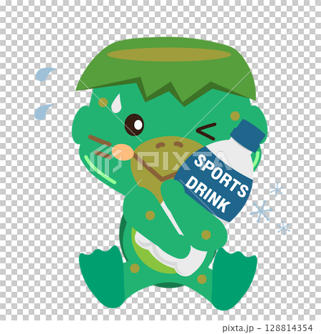 Illustration of a sweaty kappa cooling down with a sports drink 128814354